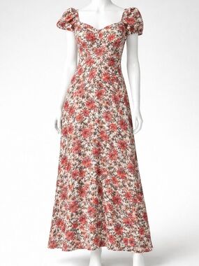 All in Favor Red Floral Sweetheart Maxi Dress with Puff Sleeves
